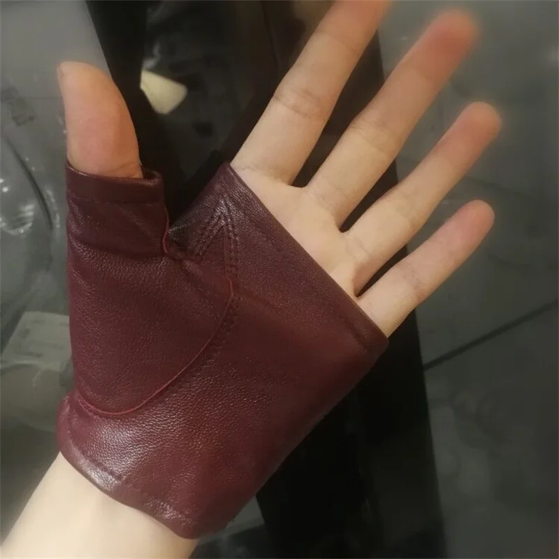 Real Leather Fingerless Short Gloves Women Black Red Genuine Sheepskin Sports Half Finger