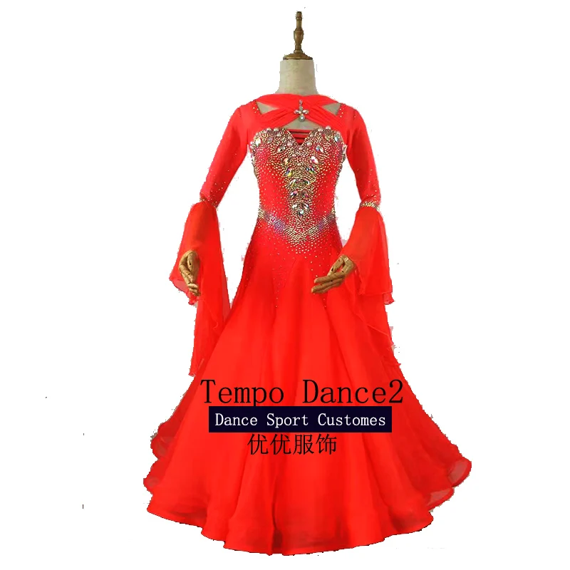 Vestido de baile de salón para mujer, ropa de manga larga, naranja, para Tango, Rumba, flamenco, UK10, us8