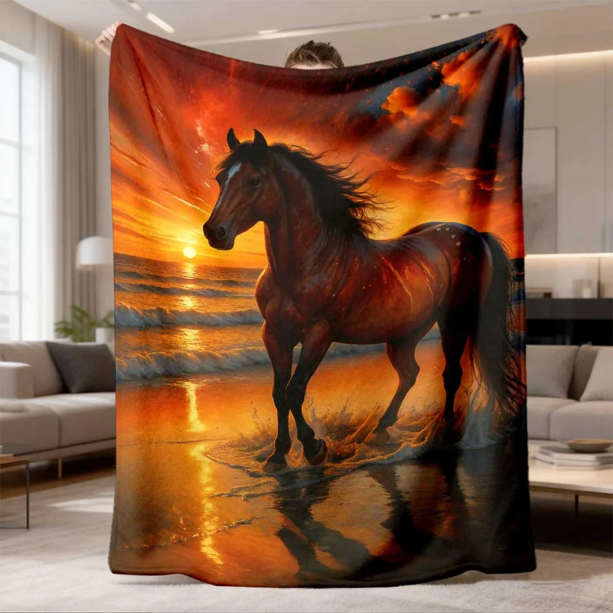 Brown Horse Seaside Sunset Wave Reflection Print Flannel Throw Blanket, Soft Warm Sofa Cover, Horse Lover Bedroom Rest Gift