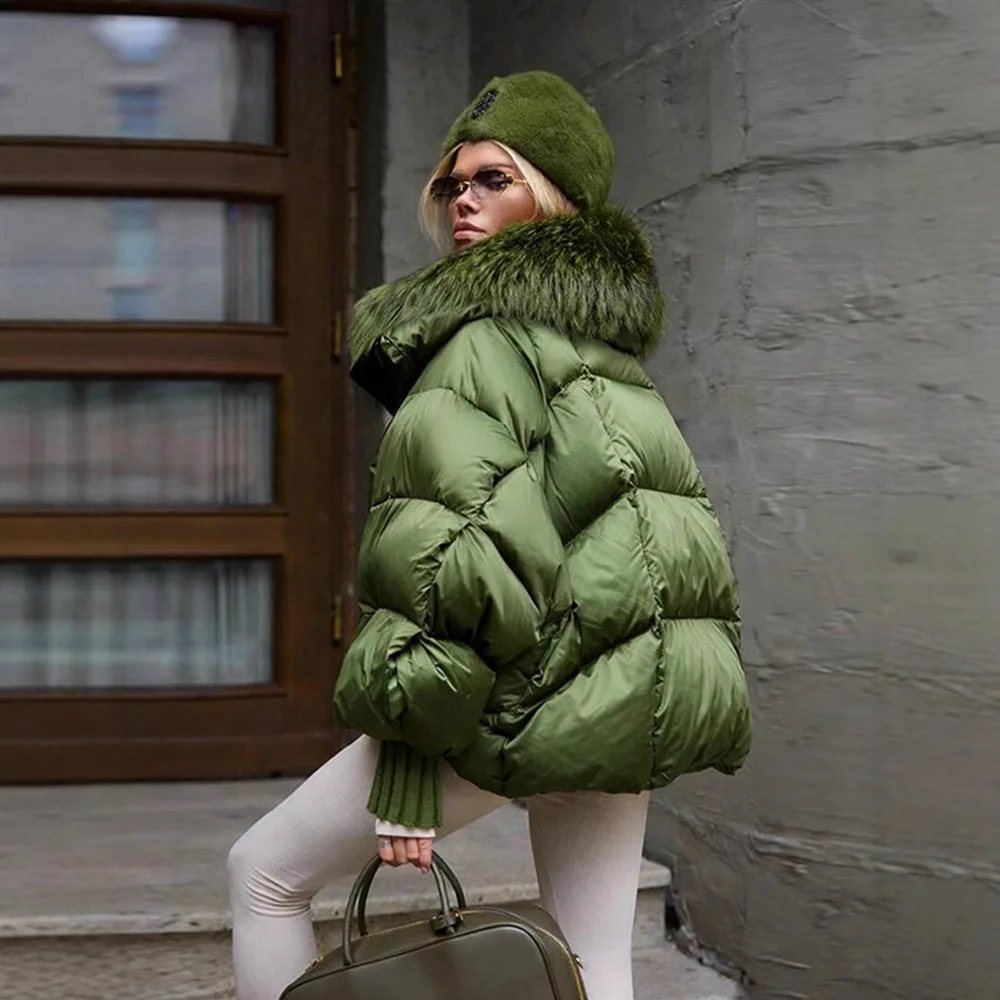 FL, abrigos acolchados con cuello de piel verde para mujer, abrigo holgado de algodón de manga larga con bolsillos y cremallera, chaquetas cálidas de invierno para mujer 2025