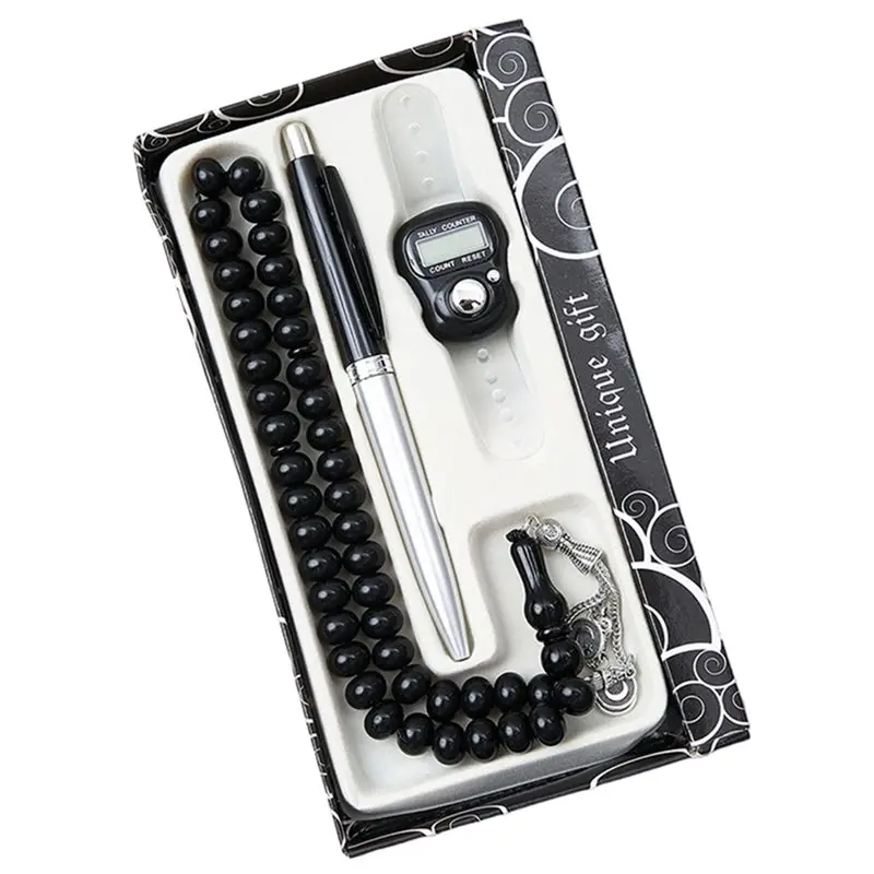 ABJI-Crystal Tasbih Prayer Beads Set 3Pcs Islamic Gift 45 Beads Muslim Rosary For Meditation & Compliant Black