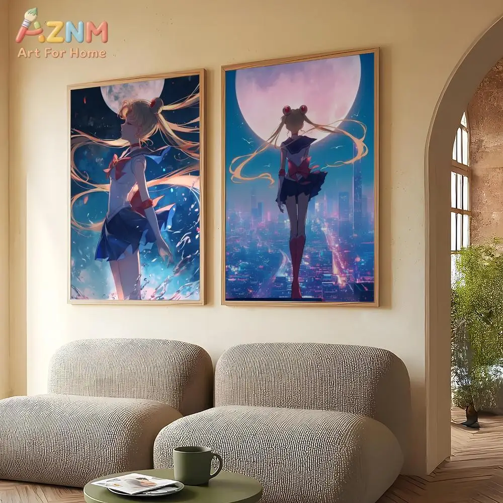 AZNM Sailor Moon Frameless Canvas Wall Art - Tsukino Usagi Character Poster with Full Moon, Dreamy Blue Magical Anime Art Design
