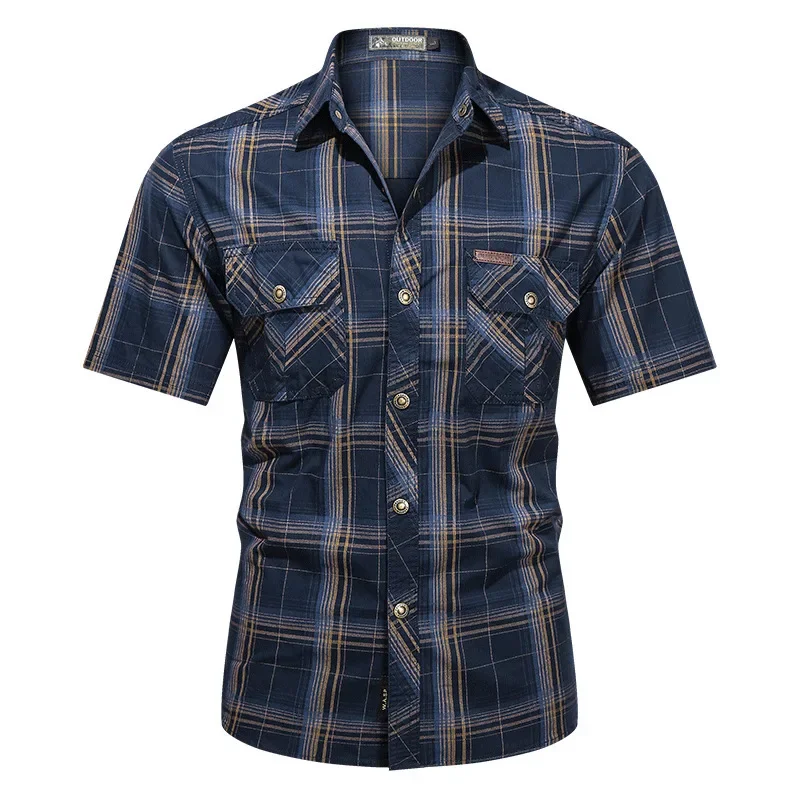 Camisa xadrez masculina de manga curta, camisas militares masculinas, ao ar livre multi bolsos, camisas de ferramental, homem camisas de algodão,