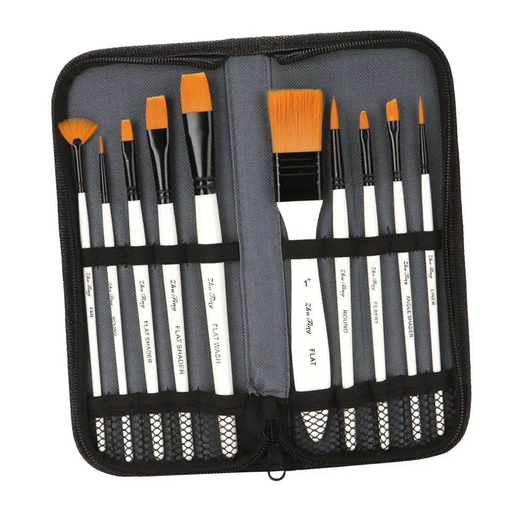 10 Different Sizes Nylon Hair Paint Brushes Art Brush With Carry Case