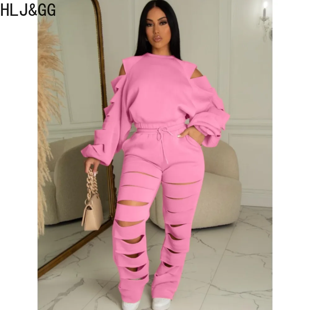 

HLJ&GG Autumn Casual Hollow Out Two Piece Sets Women Round Neck Long Sleeve Top + Jogger Pants Outfits Female 2pcs Outfits 2023