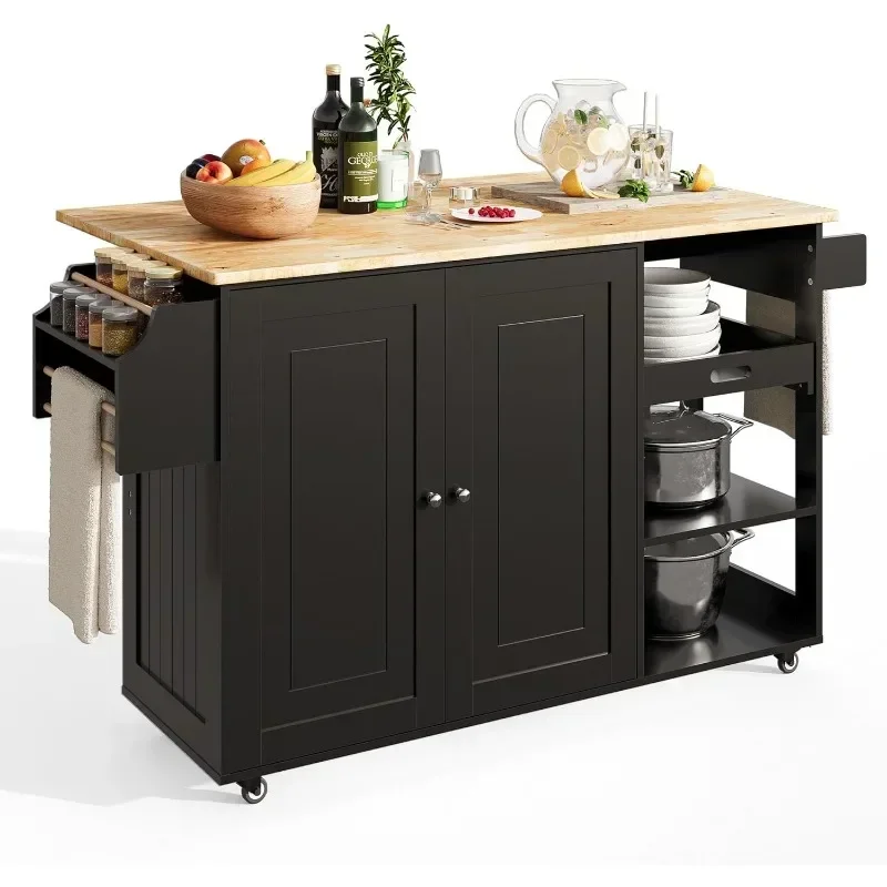Width Kitchen Island with Drop Leaf, Rolling Kitchen Island Cart with Large Storage Cabinet