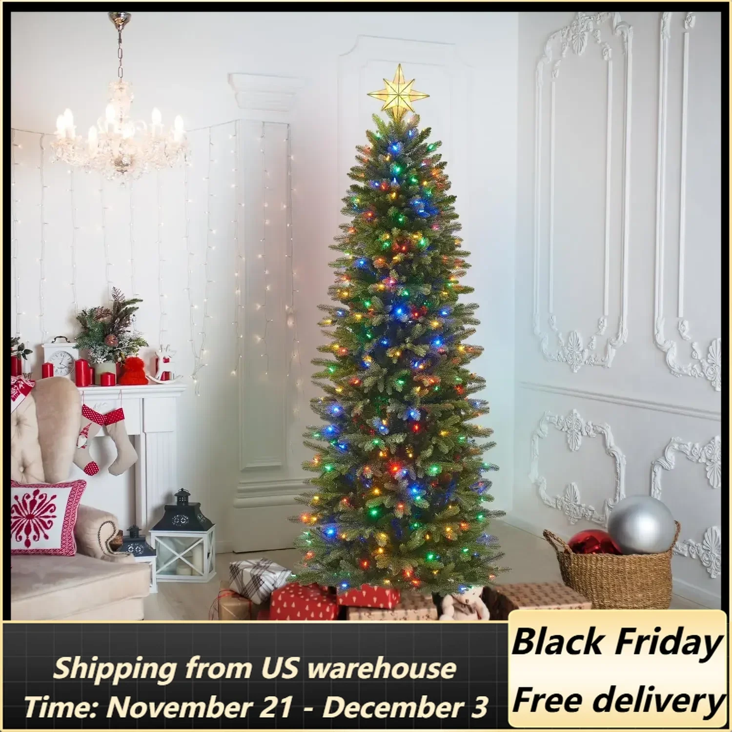 Pre-Lit Artificial Christmas Tree, Regal Fir Xmas Tree with 400 Color Changing LED, 1870 PE/PVC Tips, Tree Top Connector