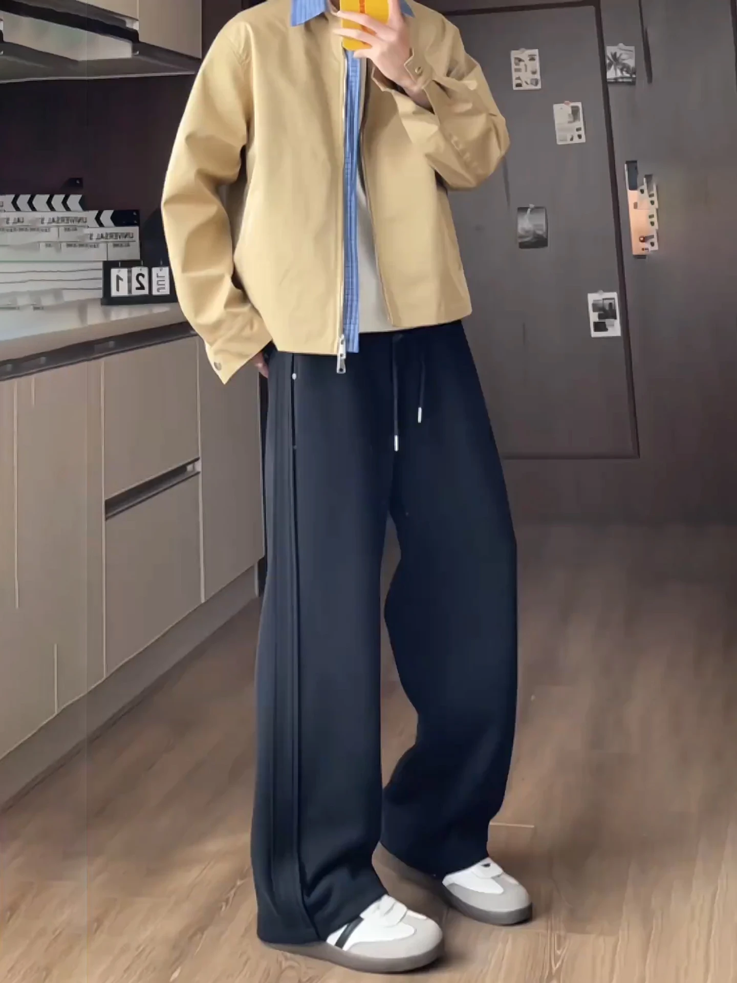 

Bla American Sle Heavyweight Curved Blade Sweatpants Men's Loose Wide Leg Floor-Length Pants Autumn Side Stripe Sports