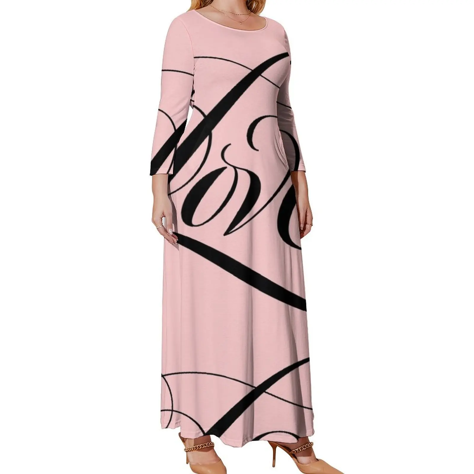 Romantic Black LOVE Calligraphy Script Lettering Blush Pastel Pink Long Sleeved Dress elegant women's dresses sale