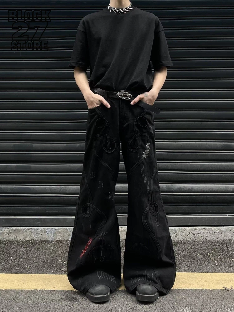 

Мужские джинсы в стиле Харадзюку, винтажные, уличные, с вышивкой, расклешенные, широкие, свободного кроя, длинные, повседневные, модные, трендовые, новинка