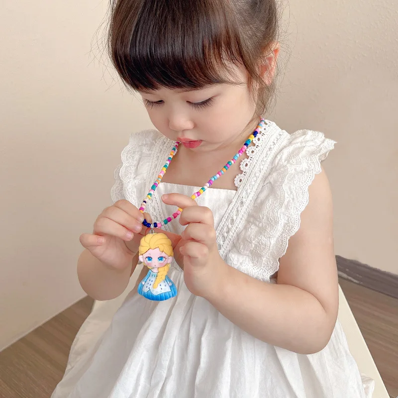 Disney Princess Necklace Frozen Elsa Snow White Anime Figure PVC Doll Sweater Chain Ins Jewelry Resin Bead Accessories Kids Gift