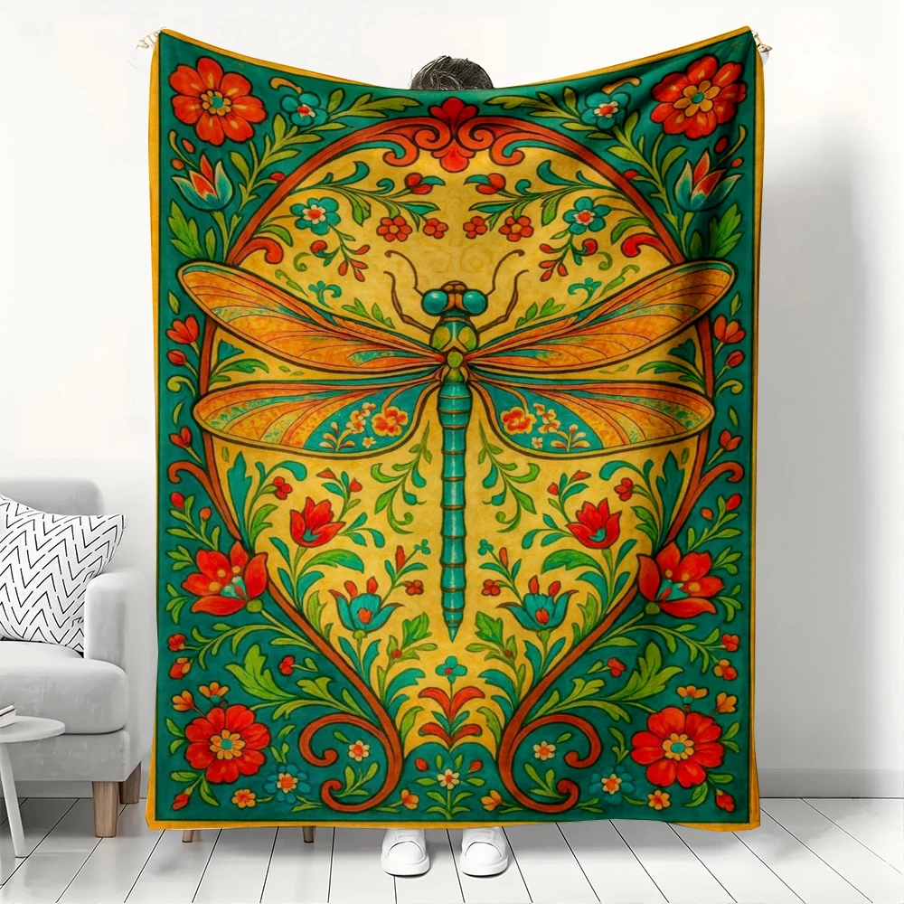 Vibrant Floral Dragonfly Flannel printed blanket suitable for all seasons suitable for living room office sofa and travel