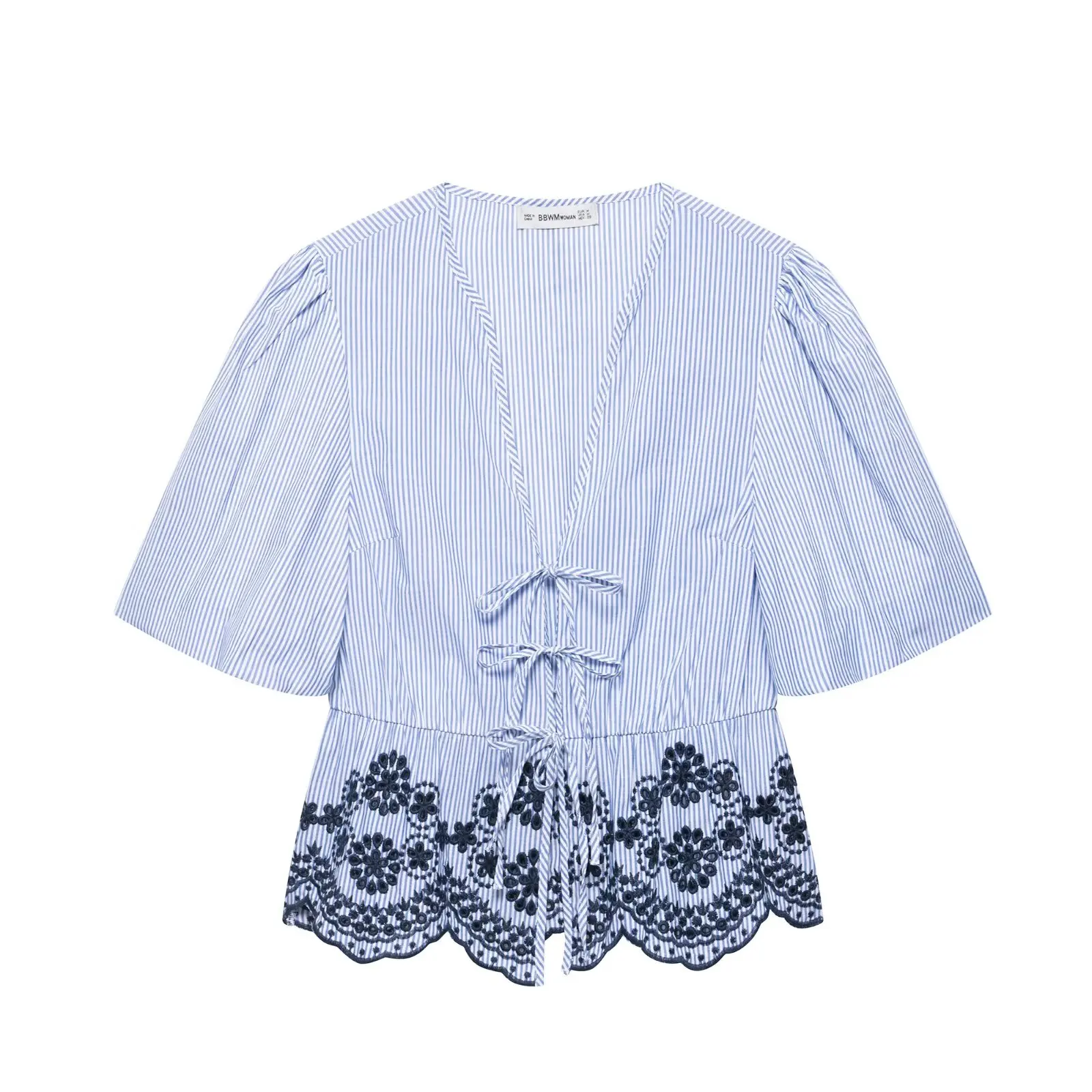 

Zevity 2025 Women Fashion V Neck Striped Print Hem Flower Embroidery Blouse Female Lace Up Shirt Chic Chemise Blusas Tops LS9307