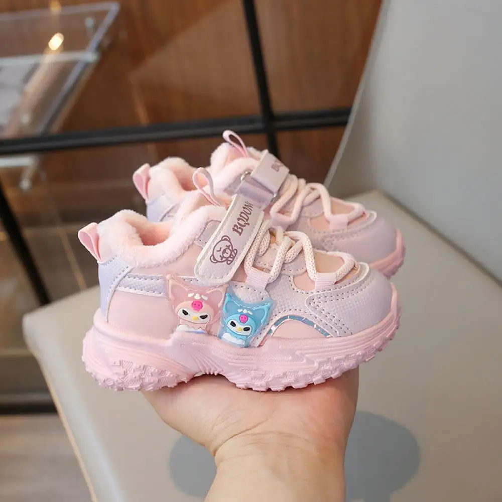 Sanrio Kuromi Girls Sneakers Winter Plush Keep Warm Casual Shoes Child Outdoor Anti-Slip Running Shoes Cute Light Walking Shoes