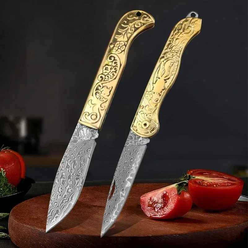 Damascus Steel Pocket Knife for Cutting Meat Fruit Barbecue Knife MultiPurpose Kitchen Knives Folding Knife Sharp Utility Tools