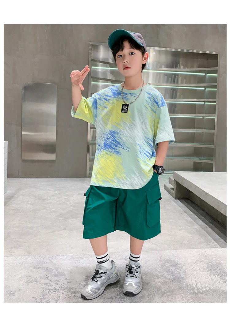 2-teiliges Set für Jungen im Alter von 5-14 Jahren, Teenager-Kinderbekleidung, neuer Sommeranzug für Kinder, Kurzarm-T-Shirt + Shorts, lässiges Street-Outfit. – Detail 12