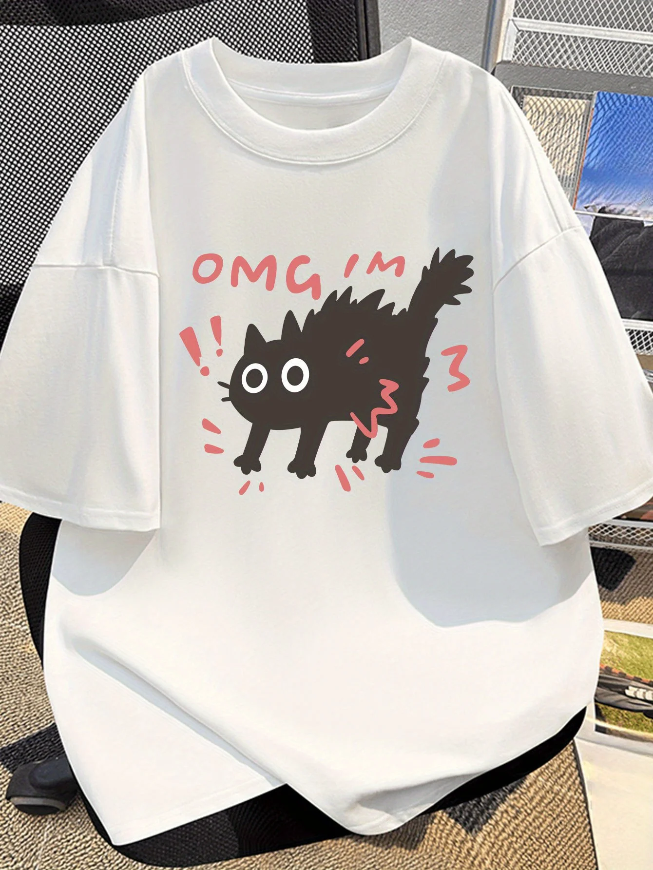 Cat Text Cartoon Graphic Cotton T-shirt Men Women Kawaii Animal Short Sleeve Unisex Casual Daily Streetwear Basic Tops