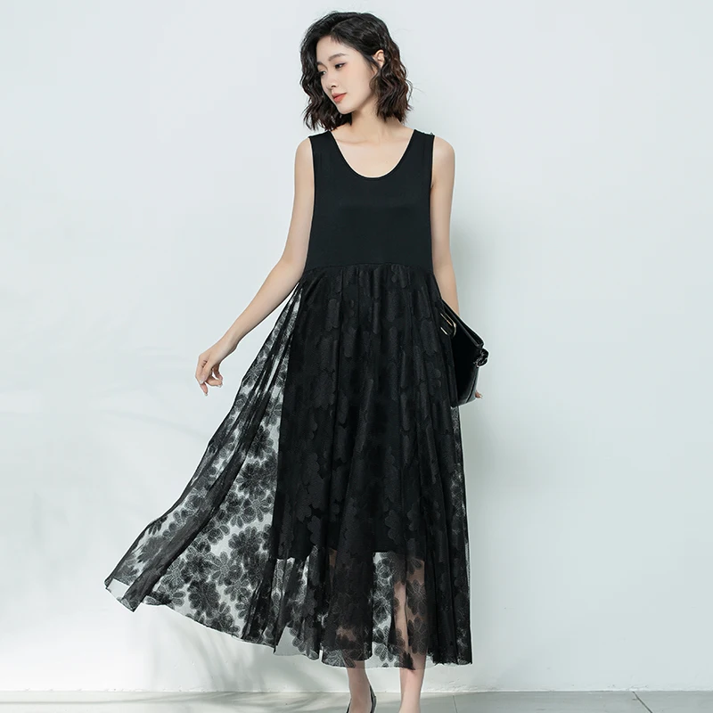 

Black Sundress Women Summer New Loose Show Thin Elegant Dress Sleeveless Grenadine Round Neck Long Dresses