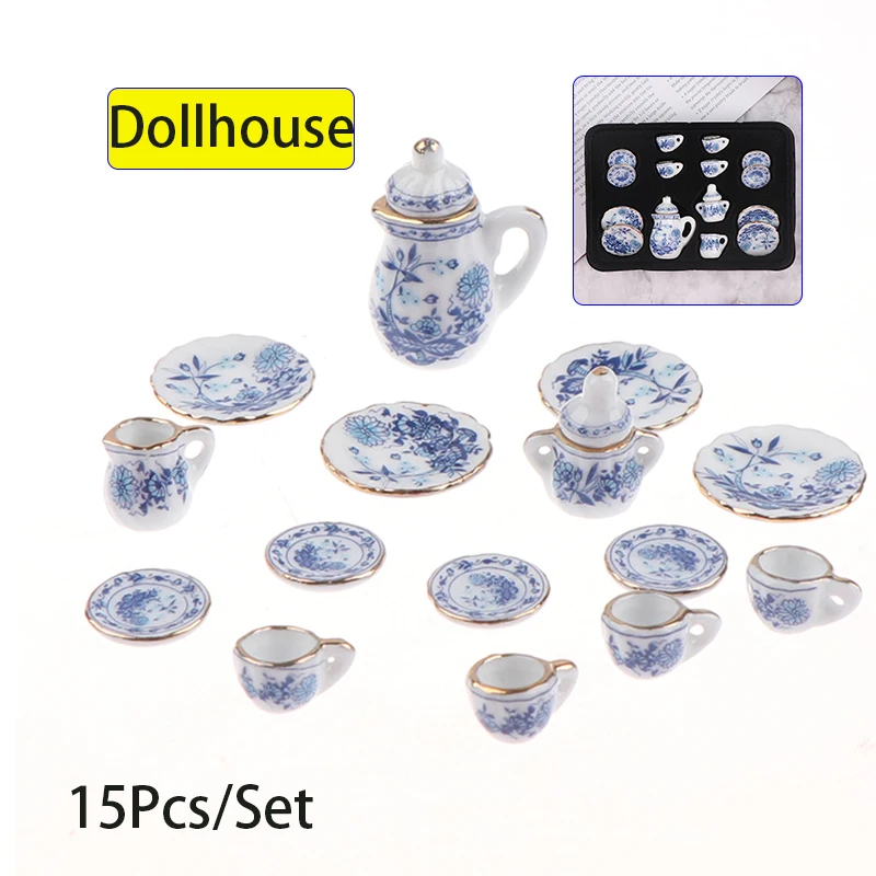 Vaisselle de Simulation Miniature pour maison de poupée 1:12, 15 pièces, ensemble de tasses à thé en céramique et porcelaine, accessoires pour maison de poupée