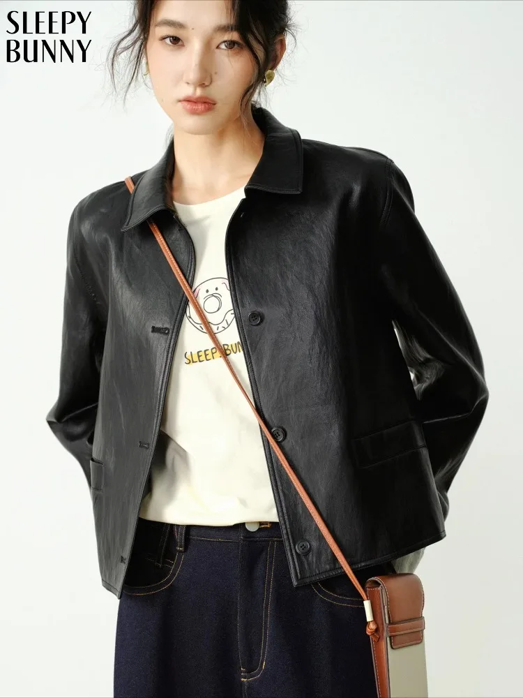 

Vintage PU Leather Jacket for Women Short Loose Fit Coat Autumn Casual Turn Down Collar Outerwear Fashion Cropped Motorcycle Top