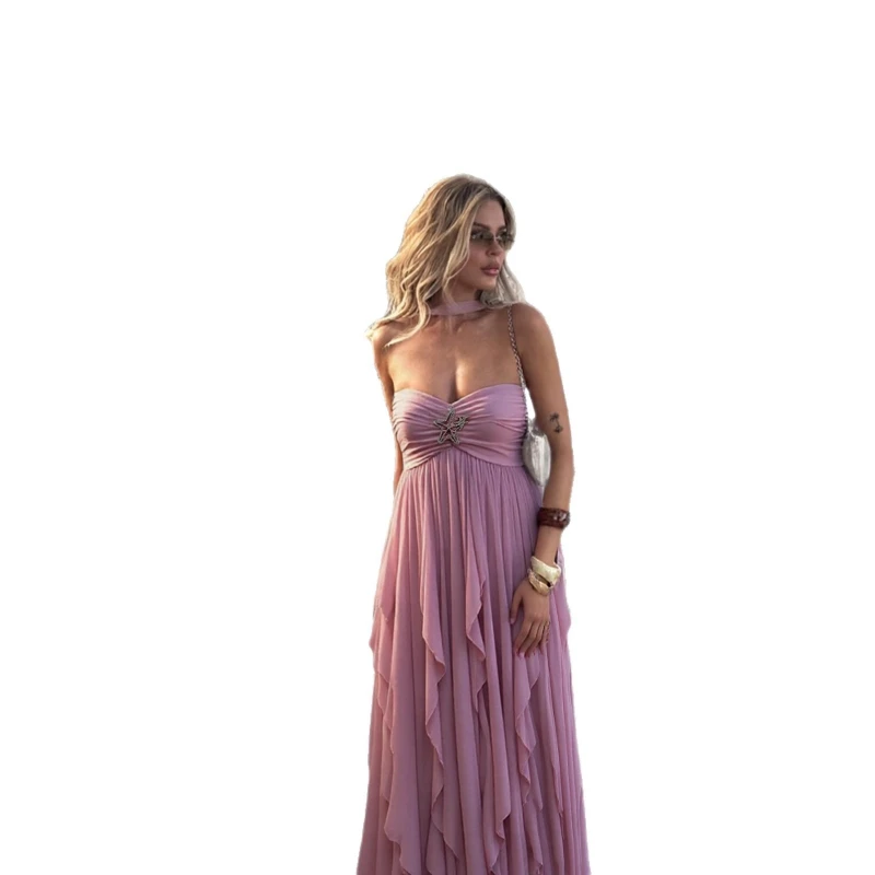 2026 New Spring Wide Camisole Strapless Sequin Decoration Lotus Leaf Hem Banquet Dress for Women