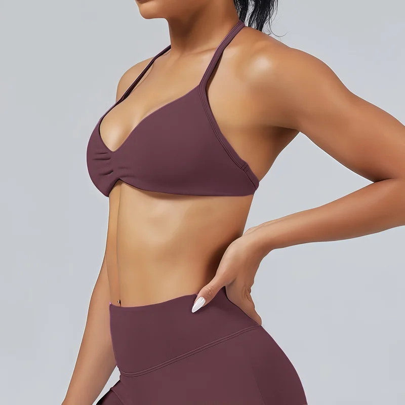 HISTELLO Df Solid Color Impact Strappy Bra Women Seamless Yoga Underwear Fitness Workout Halter Top Running Gym Sports Bra image 4