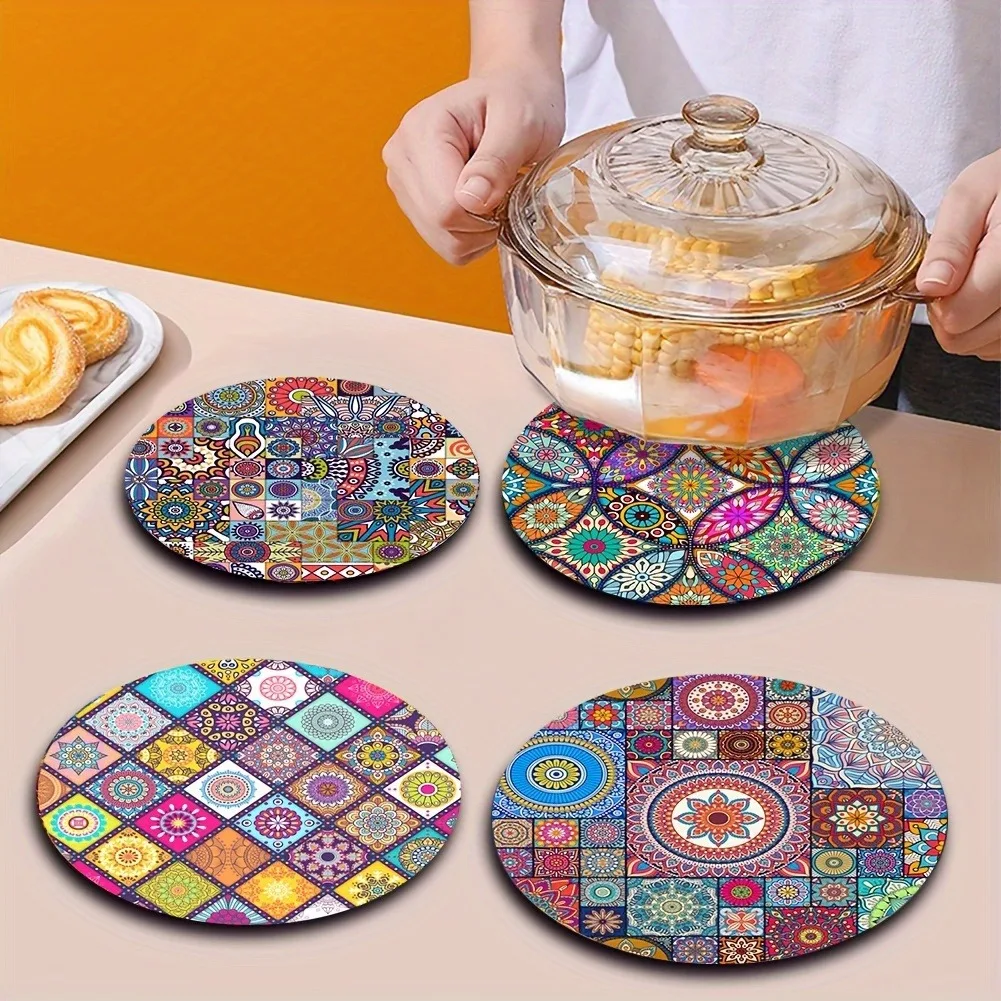4Pcs Boho Mandala Diatomite Placemats, Round Heat Resistant Absorbent Trivets, Non-Slip Quick Dry Table Coasters for Hot Pots, K