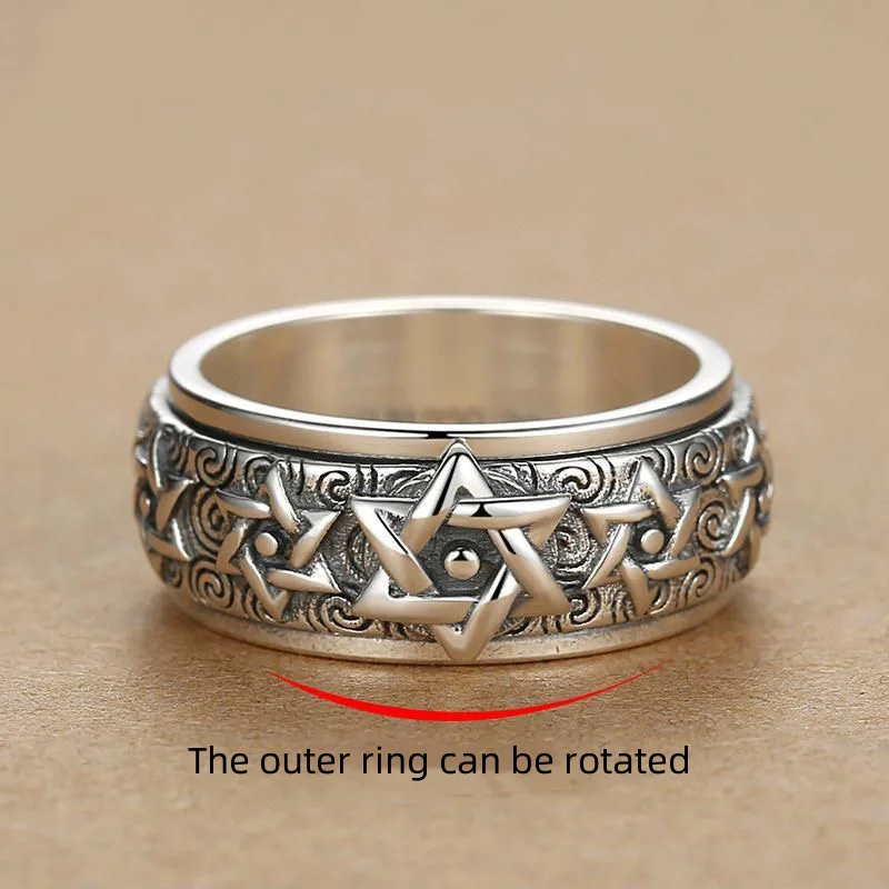 New Rotatable Silver Ring Men's Retro Creative Domineering Six-pointed Star Wide Version Thai Index Finger Closed Accessory