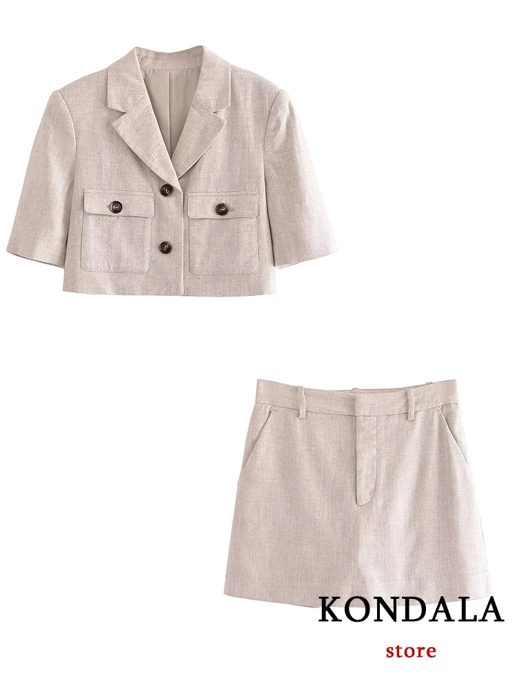 KONDALA Casual Beige 2 Pieces Women Suits V Neck Short Sleeve Blazer+High Waist Straight Shorts Skirt Fashion 2023 Summer Sets