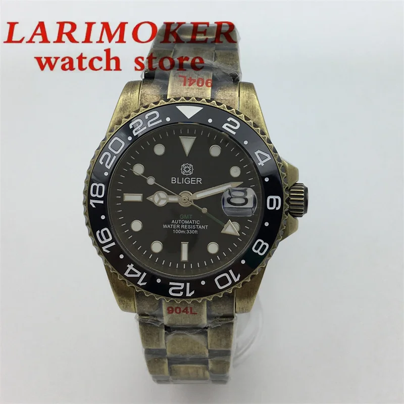 Jam tangan pria 40mm jam tangan otomatis menyelam NH34 huruf GMT perunggu gelang tiram keramik bezel bercahaya