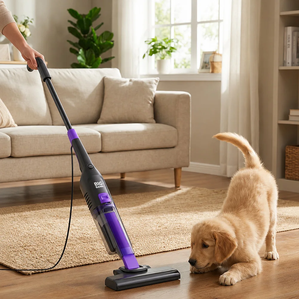 Corded 2‑in‑1 Lightweight Household Stick Vacuum Cleaner, 18kPa Strong Suction, Purple, 5 Metre Power Cable, Adjustable Telescopic Tube, Long Crevice Nozzle Included, Vacuum for Hardwood, Tile, Carpets, Stairs & Pet Hair