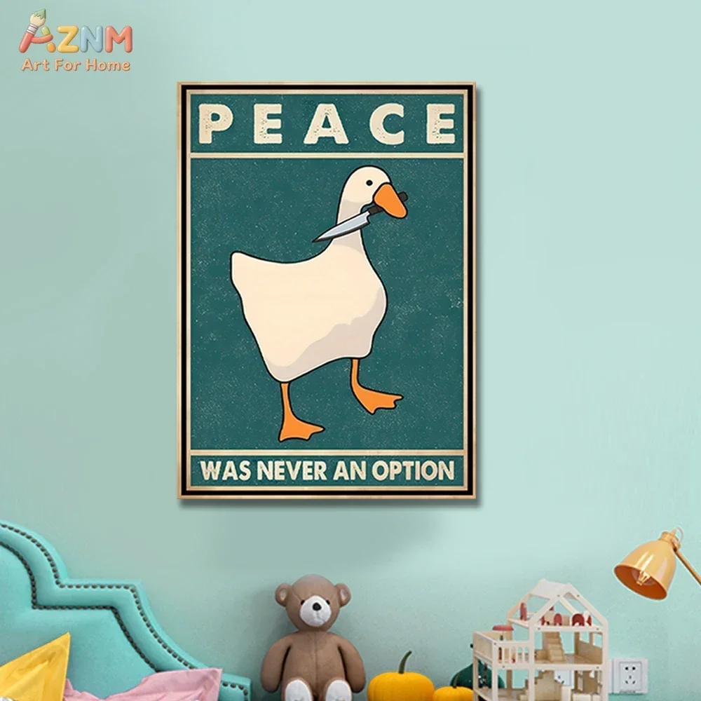 AZNM Funny Goose Peace Was Never An Option Canvas Print, Retro Cartoon Duck Meme Wall Art, Frameless Canvas Painting for Room De