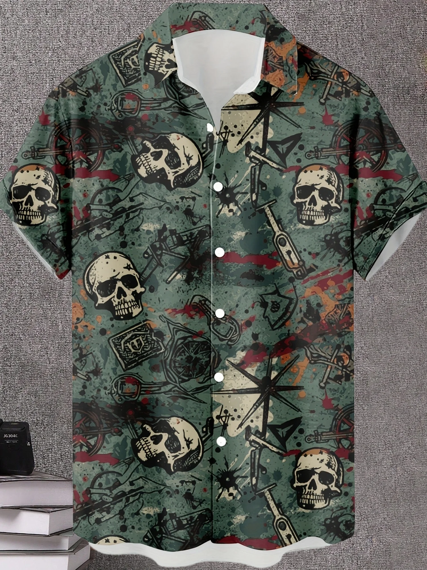 2026 Summer Men's Shirt with Skull Pattern Breathable and Lightweight Casual Roller Skating Hip-Hop Men's Clothing