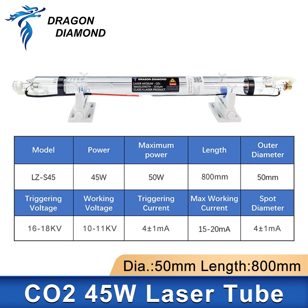 40W-45W tubo Laser Co2 testa metallica tubo di vetro lunghezza 800mm diametro lampada 50mm alta potenza per macchina da taglio per incisione Laser CO2