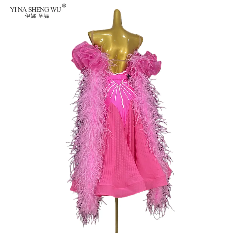 فستان رقص قاعة الرقص للسيدات باللون الوردي بدون أكمام وظهر احترافي للبالغين مع نمط ريش رشيق