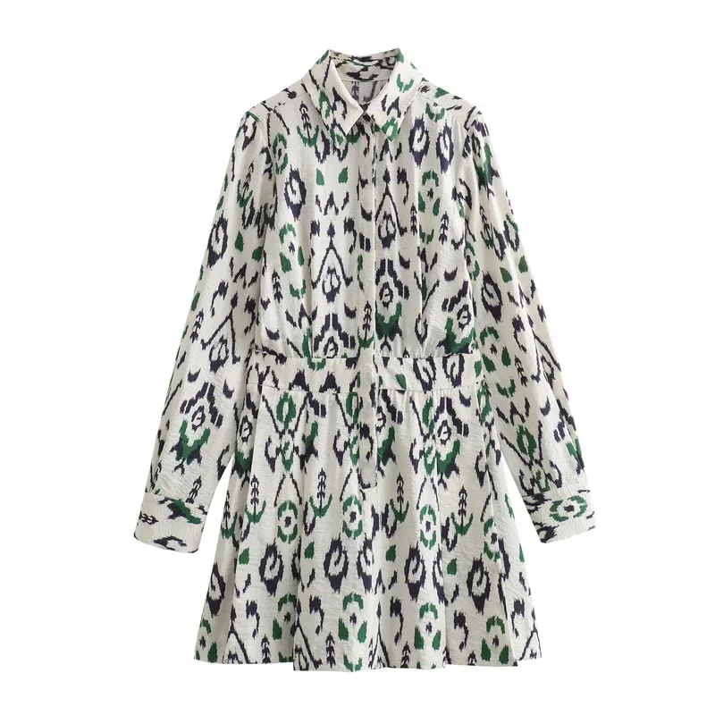 Damska letnia elegancka sukienka z długim rękawem i nadrukiem Casualowa krótka koszula w stylu wakacyjnym na plażę Modna moda 2025