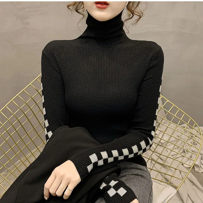 Women Clothing Fashion Turtleneck Pullover Autumn Winter Solid Plaid Slim Long Sleeve Sweater Office Lady Casual Stylish Top