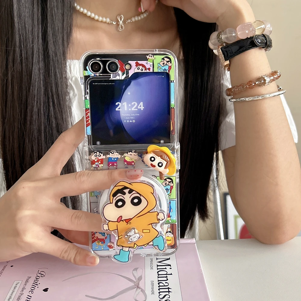 Cute Cartoon Anime Crayon Shin chan Magnetic Holder Wireless Charge Phone Case For Samsung Galaxy Z Flip 8 7 6 5 Hard TPU Cover