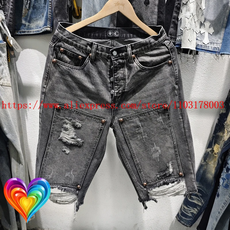 2025 Thug Club Hole Damaged Short Jeans Back Pockets Embroidery Star Moon Jort Men Women Black Blue Washed Button Fly Shortpant