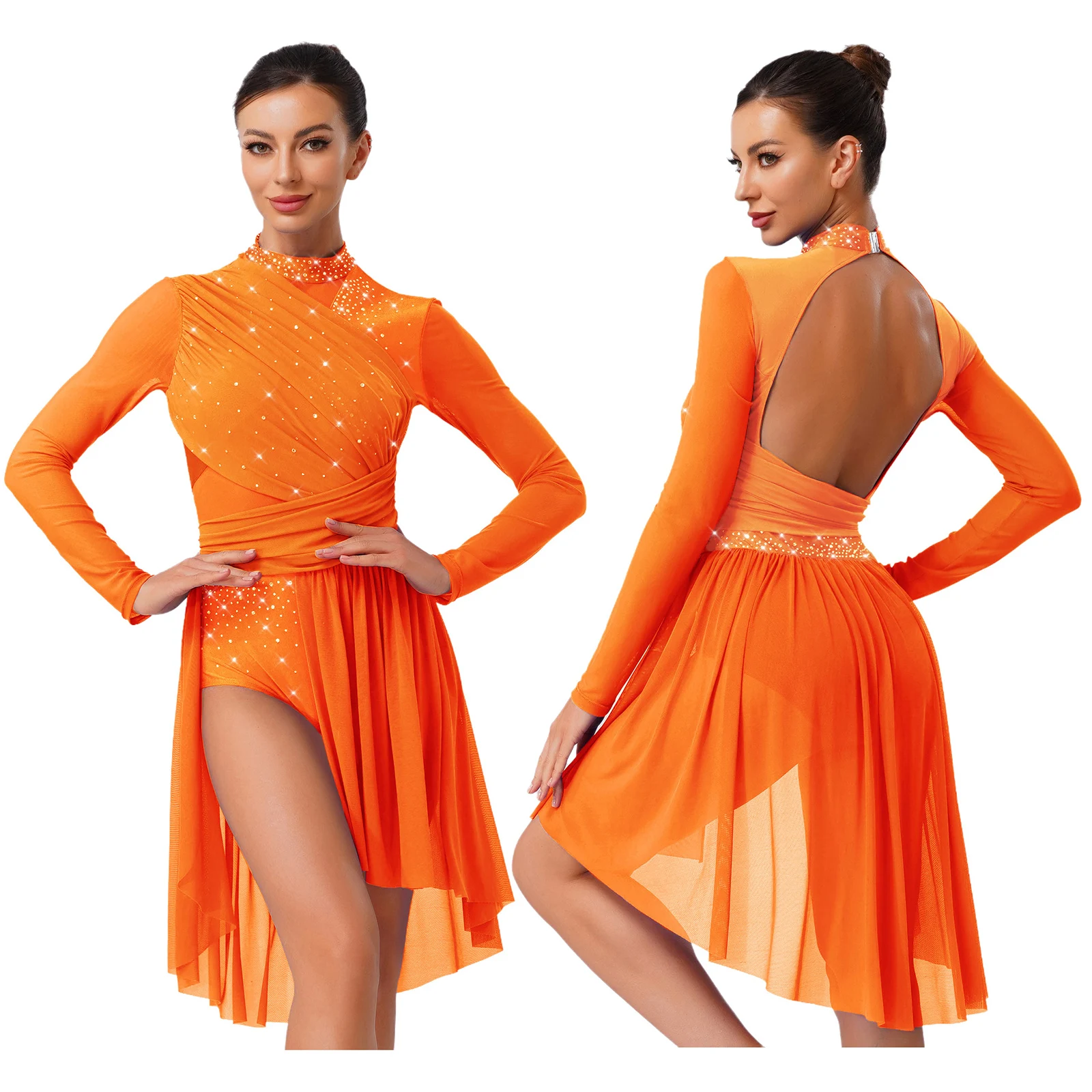 Vrouwen Lyrische Dans Jurk Strass Lange Mouw Ruche Backless Een Stuk Turnpakje Jurk Modern Ballet Hedendaagse Danskostuum