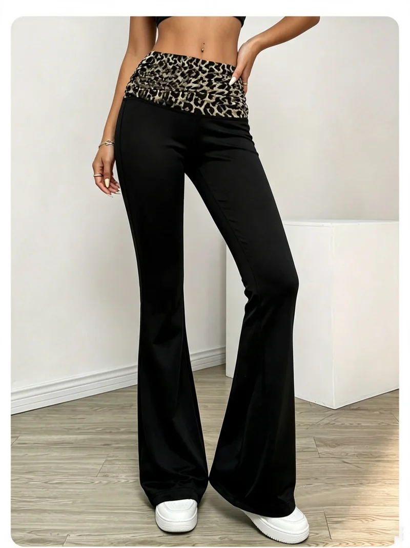 Fashion Leopard Patchwork Flared Leggings Women American Casual Sports Tights Woman Spring Autumn Thin Breathable Wide Leg Pants