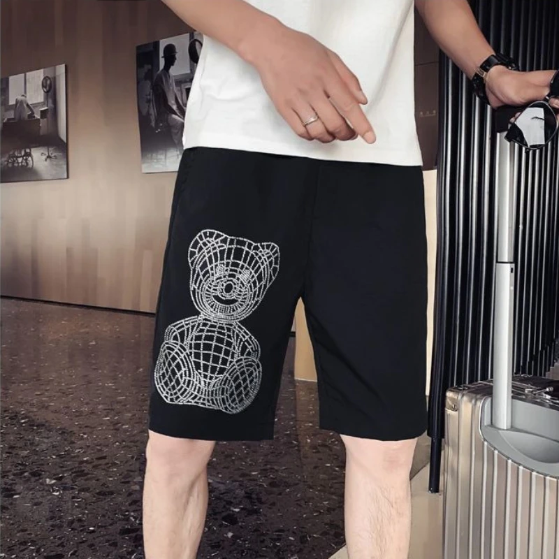 

Summer Men's Casual Shorts with Bear Design and Hotfix Rhinestones for Beach Sports Loose Straight Leg Fit