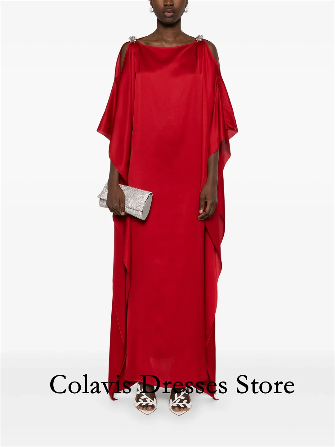 

2025 Customized Flare Sleeves O-Neck Simple Red Satin Prom Dresses Evening Dress Women Evening Gowns Formal Party Dress