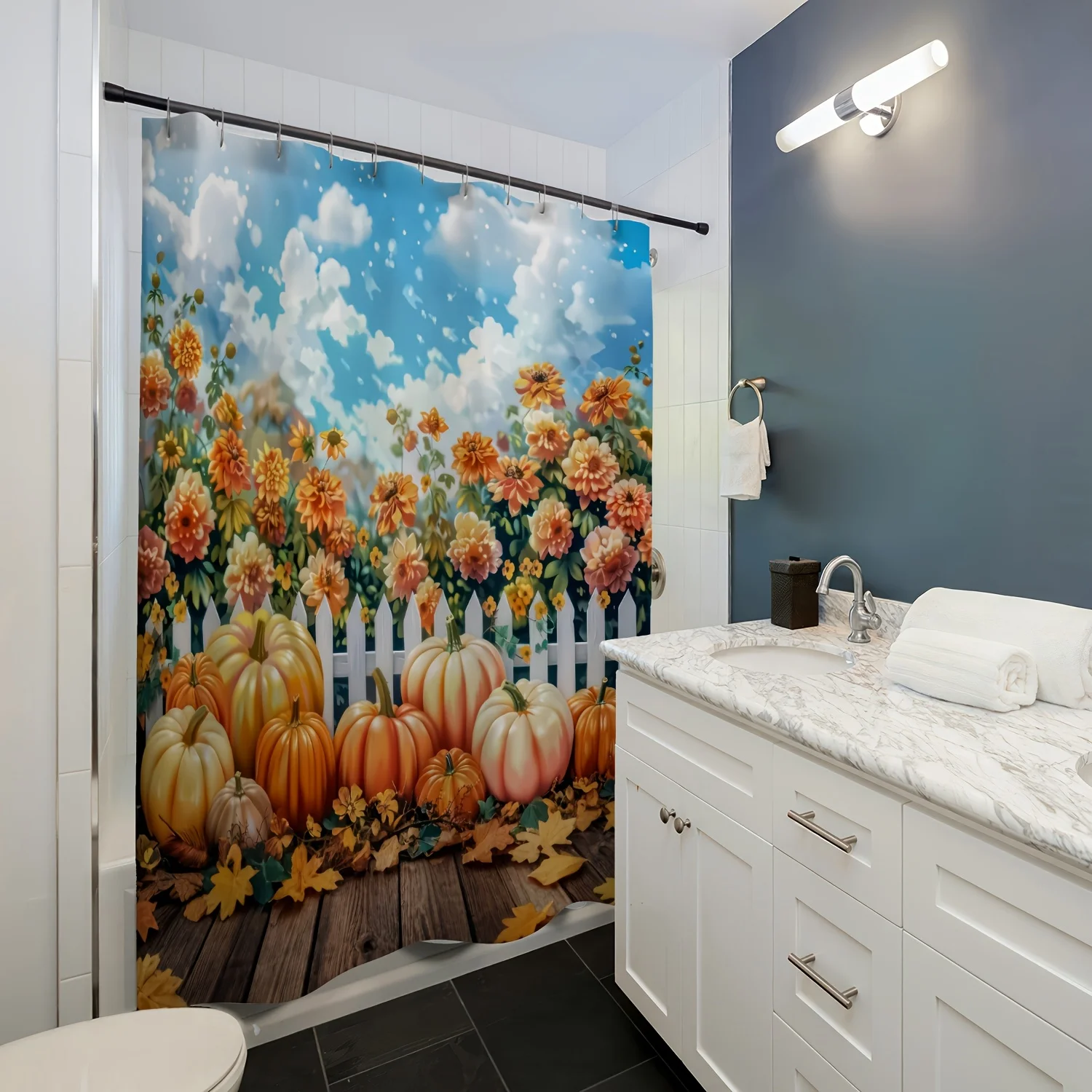 Autumn Pumpkin Garden Pattern Digital Print Shower Curtain, Bathroom Decor Home Decoration