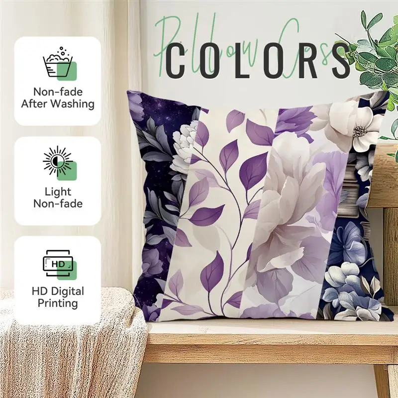 Pillowcase Printed Pillow Cover 45x45 Square Cushion Cover Home Bed Sofa Pillowslip Decorative Purple Flower Books Design