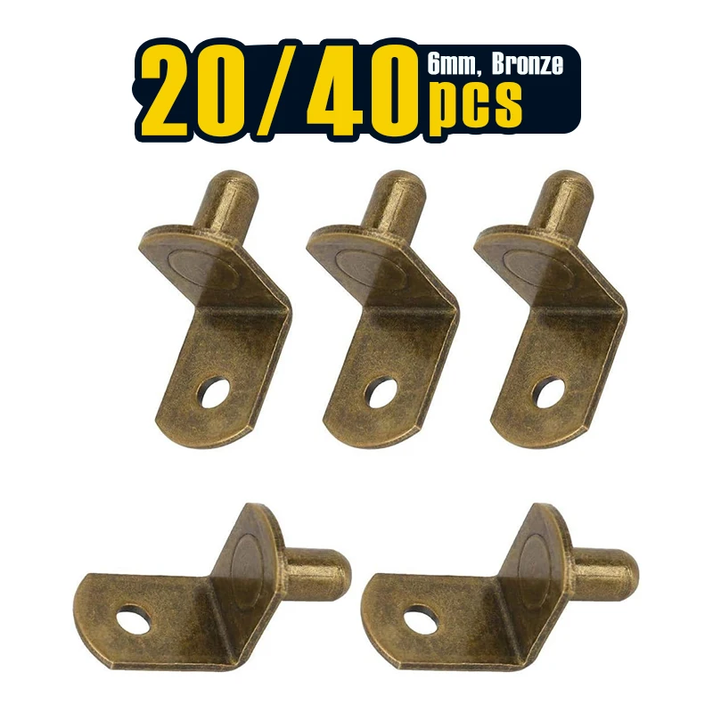 20/ 40 Pcs, Brass Plated Steel L-Shelf Support Pegs, 6mm L-Shaped Bracket Style Cabinet Shelf Support Pegs Bronze