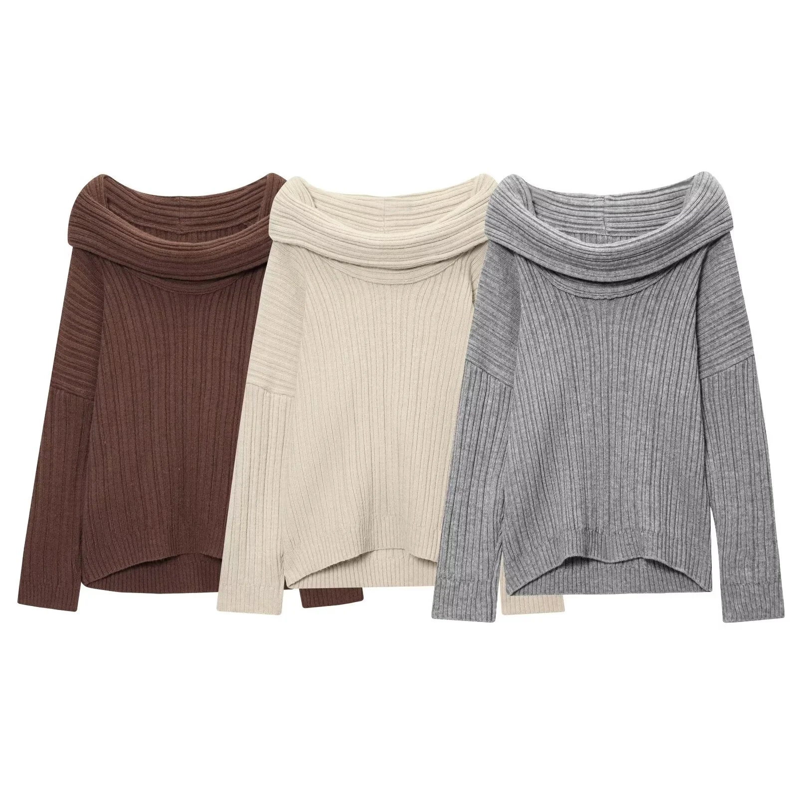 

BSK&TRAF2025 autumn new women's casual simple loose versatile long-sleeved lazy one-shoulder off-shoulder knit sweater sweater