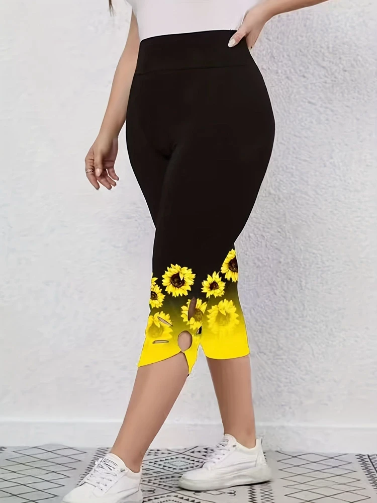 Plus Size 1XL-8XL Women’s Sunflower Print Leggings Fashionable Cut Out Comfortable Finess Capri Curvy Ladies Perfect Casual Wear