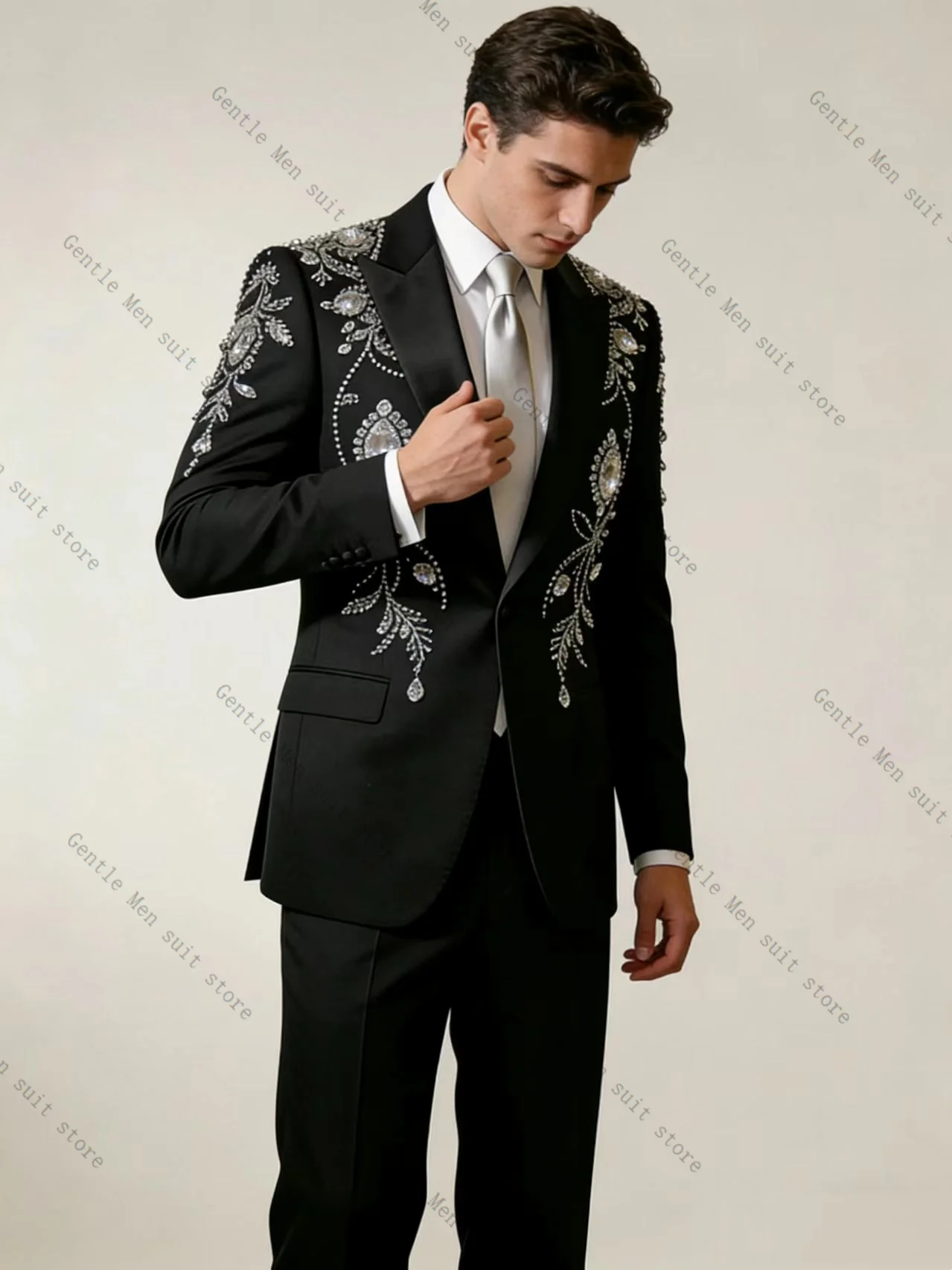 

Black Crystals Men Suit Set 2 Pcs Blazer+Pants Trousers Cotton Wedding Tuxedo Formal Office Business Jacket Coat Customized