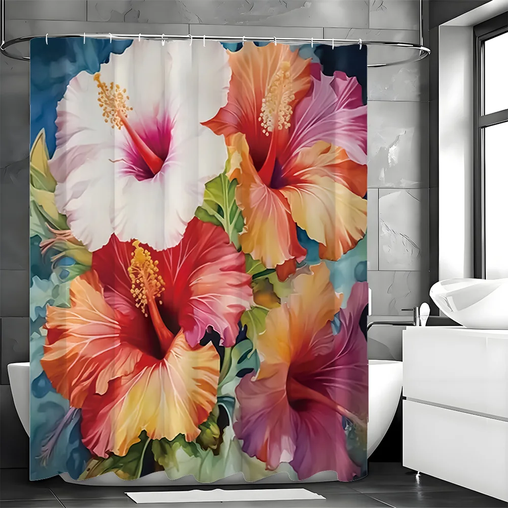 クリエイティブな四つの華麗な花柄シャワーカーテン、洗濯可能、防汚、防水ポリエステル製バスカーテン
